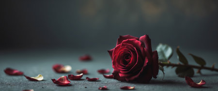 AI Generated. Red rose on the ground with fallen petals in moody settingの素材