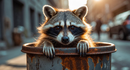 AI Generated. Raccoon curiously peering from a trash can in an urban setting during daytime hoursの素材