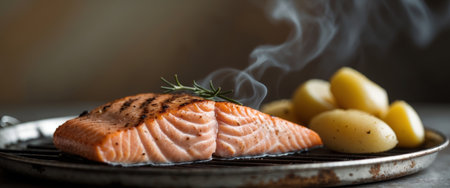 AI Generated. there is a piece of salmon on a grill with a side of potatoesの素材