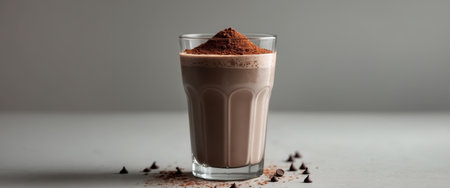 AI Generated. A glass of chocolate milkshake or smoothie with chocolate pieces and cocoa powder on topの素材