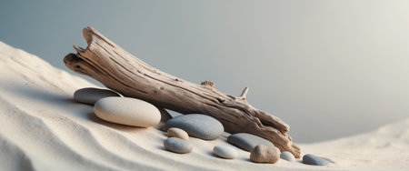 AI Generated. Driftwood piece and smooth rocks arranged on sandy surfaceの素材