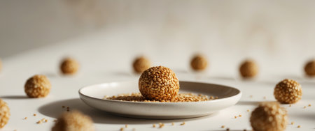 AI Generated. Delicious Sesame Balls with Golden Coating on Plate Surrounded by More Ballsの素材