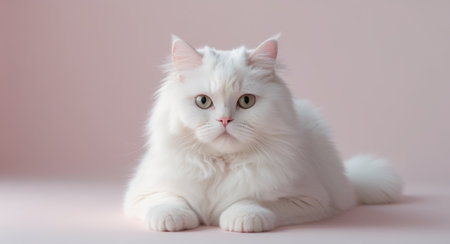 AI Generated. fluffy white cat with pink background copy spaceの素材