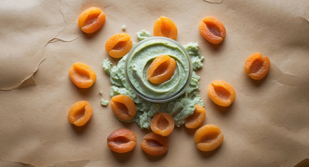 AI Generated. Dried apricots stuffed with hemp seed paste on textured paper with empty space for text showing healthy snack conceptの素材