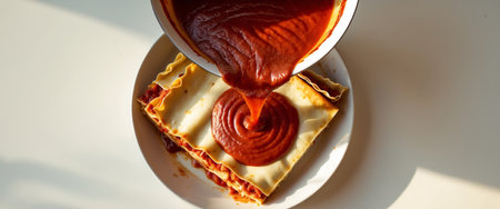 AI Generated. Delicious Homemade Lasagna with Sauce Being Poured over Itの素材