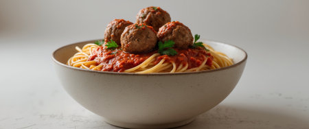 AI Generated. A bowl of spaghetti topped with meatballs and tomato sauceの素材
