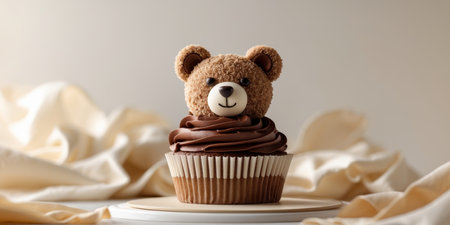 AI Generated. A beautifully decorated teddy bear cupcake with chocolate frostingの素材