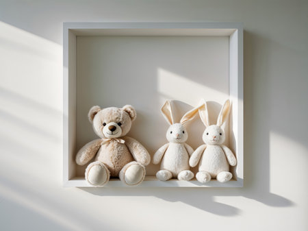 AI Generated. A blank white frame on a white wall with a teddy bear and two bunny stuffed animalsの素材
