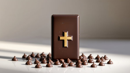 AI Generated. A chocolate bar with a cross on it is surrounded by chocolate chipsの素材