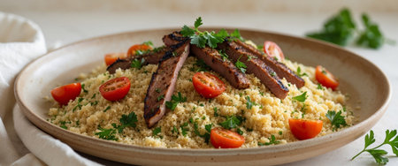 AI Generated. aromatic couscous salad with grilled meat and cherry tomatoesの素材