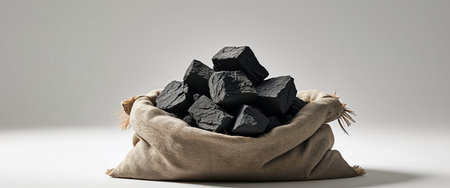 AI Generated. Bag of coal chunks in burlap sack for fuel or barbecue useの素材
