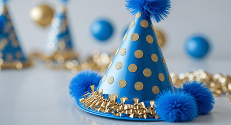 AI Generated. blue party hat with gold polka dots blue pompomsの素材