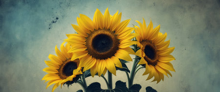 AI Generated. Bright sunflower blooms with halftone texture and grunge backgroundの素材