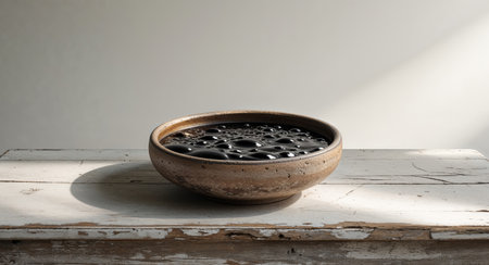 AI Generated. Bubbling black liquid in rustic bowl on wooden tableの素材