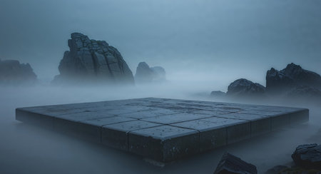 AI Generated. Cinematic dark scene of a massive flat stone platform surrounded by fog and rocks dramatic atmosphereの素材