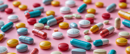 AI Generated. Colorful assortment of pills and tablets scattered on a pink surface highlighting various shapes and sizesの素材