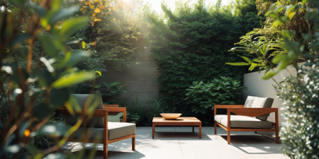 AI Generated. Contemporary outdoor patio with wooden furniture surrounded by lush greeneryの素材