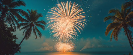AI Generated. Colorful Summer Fireworks Display Over Tropical Ocean With Palm Trees And Space For Textの素材