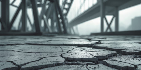 AI Generated. Cracked Concrete Surface in Abandoned Urban Landscape with Blurred Bridge Structureの素材