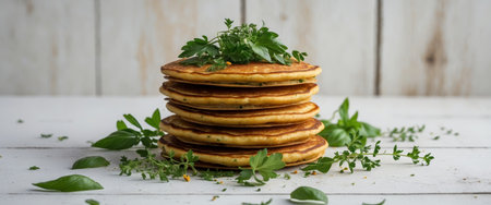 AI Generated. Delicious vegetarian pancakes with herbsの素材