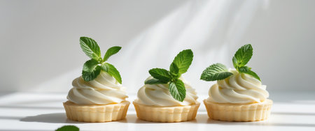 AI Generated. Delightful Cream Topped Pastries with Fresh Mint Garnishの素材