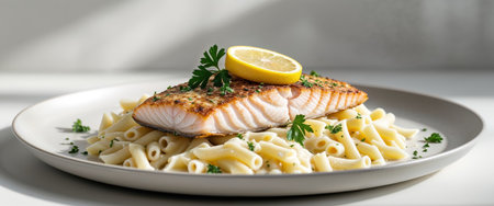AI Generated. Gourmet Baked Fish Fillet with Pasta and Lemon Garnishの素材
