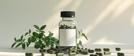 AI Generated. Green herbal supplements in bottle with capsules scattered aroundの素材