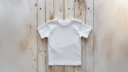 AI Generated. Plain White T-Shirt Mockup for Kids on a Wooden Backgroundの素材