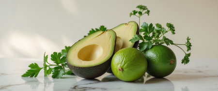 AI Generated. Freshly Cut Avocado Halves with Limes and Aromatic Herbs on a Pristine Marble Surfaceの素材