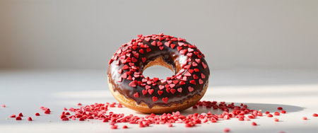 AI Generated. Chocolate Glazed Donut Topped with Heart Shaped Red Sprinklesの素材