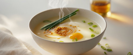 AI Generated. Bowl of sizzling egg drop soup garnished a swirl of sesame oil and fresh green onionsの素材