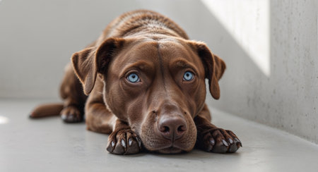 AI Generated. A brown dog with blue eyes is laying downの素材