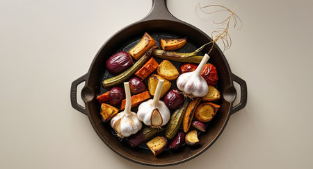 AI Generated. Roasted vegetables and garlic in a cast iron skilletの素材
