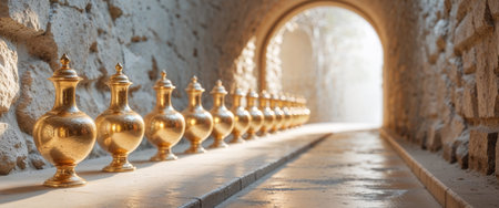 AI Generated. Row of golden ornamented vases inside a stone tunnelの素材