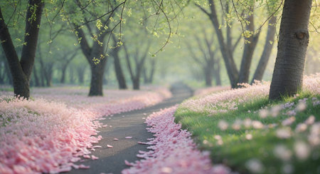 AI Generated. Scenic Pathway Covered with Pink Flower Petals beneath Green Trees in Springの素材