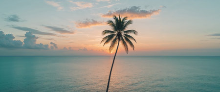 AI Generated. Serene Sunset Over Calm Ocean with Palm Tree Silhouetteの素材