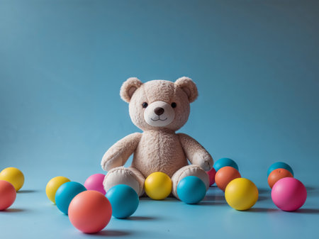 AI Generated. Soft Toy and Colorful Balls on Blue Backgroundの素材