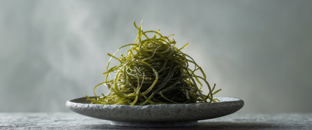 AI Generated. Spiral Seaweed Salad Arranged on Rugged Stone Plateの素材