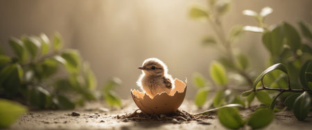 AI Generated. Tiny Bird Emerging from Egg with Shell in Natural Settingの素材
