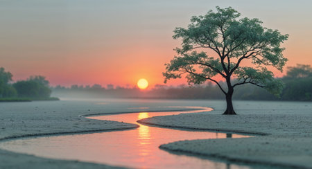 AI Generated. Tranquil Landscape with Orange Sun Reflecting on River and Solitary Treeの素材