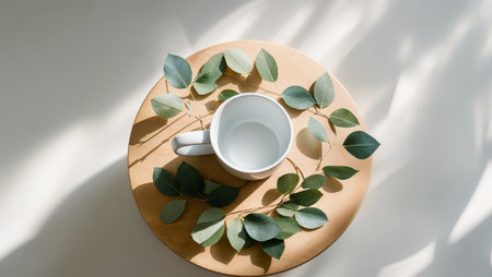 AI Generated. Top View of a Simple White Mug on a Wooden Table with Decorative Leavesの素材