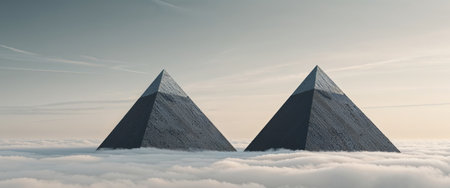AI Generated. Twin Pyramids of Refined Carbon Residue Under a Muted Sky Vistaの素材