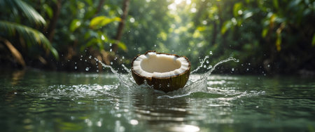 AI Generated. Tropical coconut splash in lush jungle streamの素材