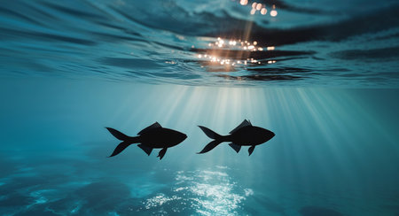 AI Generated. Two Dark Silhouettes of Fish Swimming in a Deep Blue Ocean with Light Raysの素材