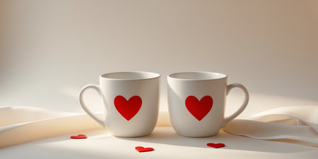 AI Generated. Two White Ceramic Mugs with Red Hearts Valentines Dayの素材