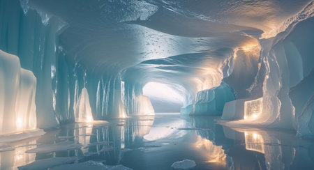 AI Generated. Underground Ice Cave with Glowing Reflectionsの素材