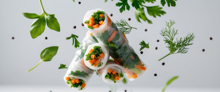 AI Generated. Vegetable spring rolls flying on white with herbs and pepperの素材