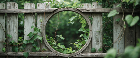 AI Generated. View Through Circular Opening in Wooden Fence with Lush Greeneryの素材
