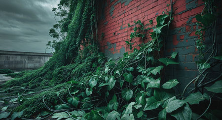 AI Generated. Urban jungle vibes with brick wall and lush green vines creating a natural backdropの素材