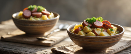 AI Generated. Warm German Potato Salad with Sausages Served in Bowls on Rustic Wooden Tableの素材